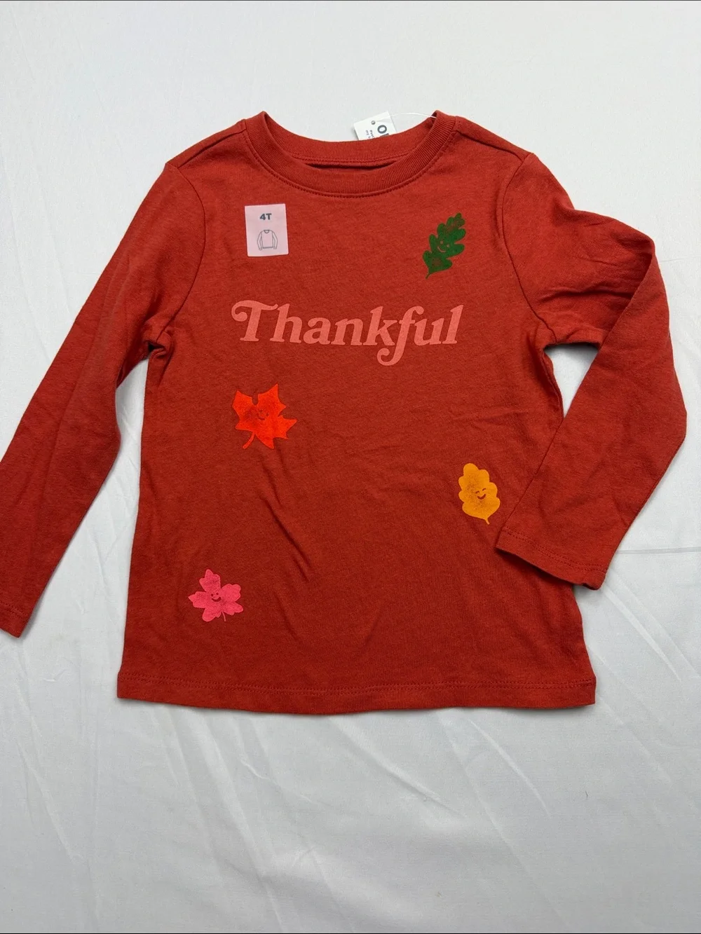Old Navy Rust Red 'Thankful' Long-Sleeve Tee with Leaf Accents